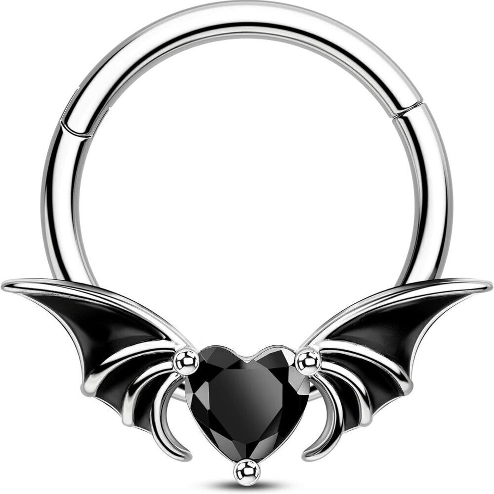 Black Stainless Steel Septum Ring with Bat & Black Heart CZ 16G Piercing Jewelry